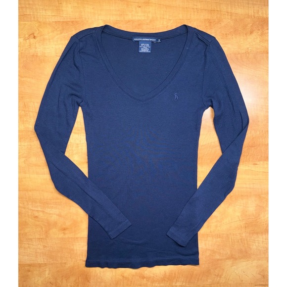 Ralph Lauren Sport Tops - Ralph Lauren Sport Navy Blue Pima Cotton Lyocell V-Neck Long Sleeve Top Small